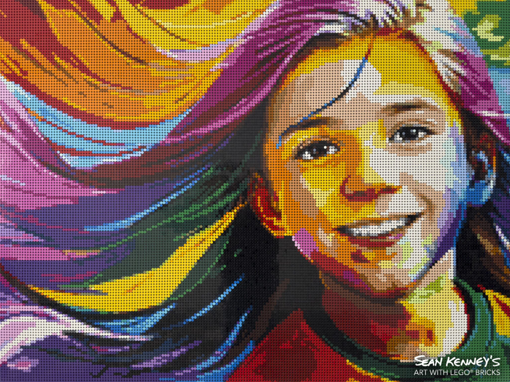 Olivia: LEGO portrait of a transgender girl with pride rainbow hair